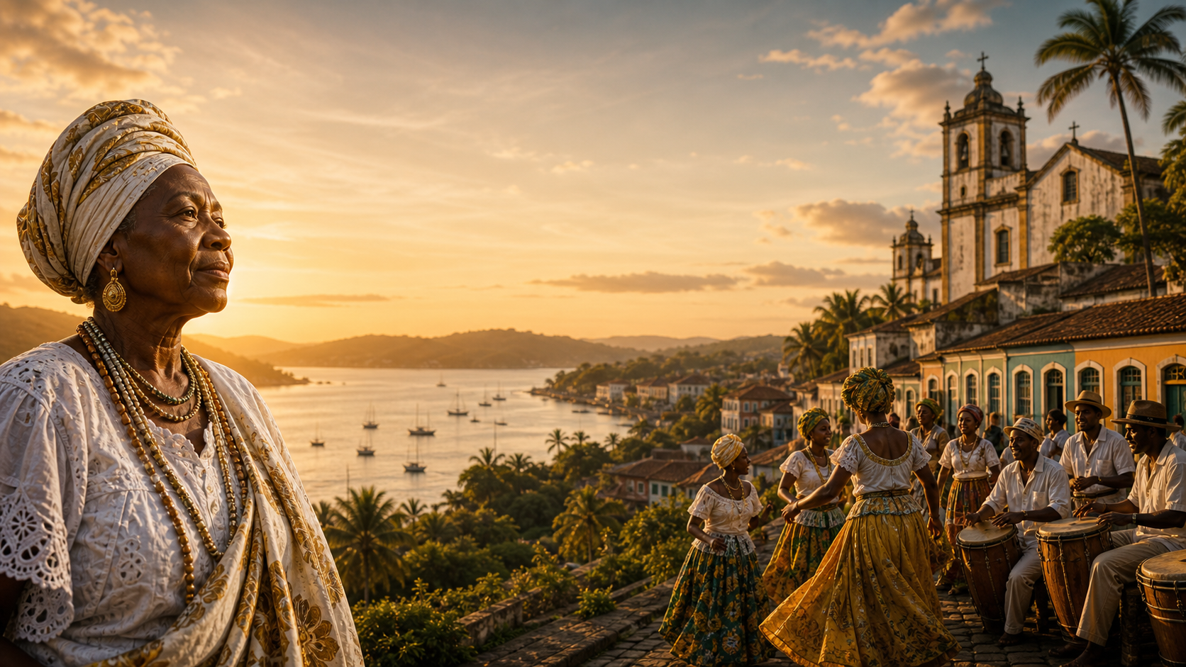 Mulher do Recôncavo diante da Baía de Todos-os-Santos, com arquitetura histórica e samba de roda